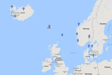 Regent Seven Seas Cruises, North Sea Coasts from Reykjavik to Copenhagen, 9 Aug 2017 route